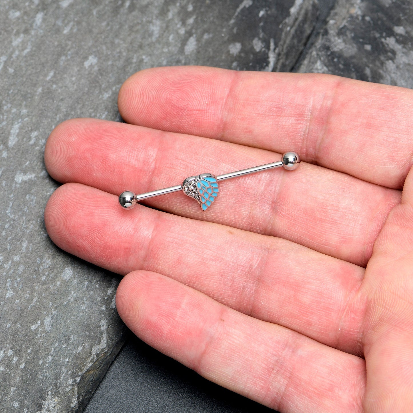 14G Blue Heavenly Heart Angel Wings Industrial Barbell 38mm