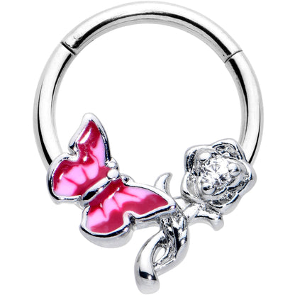 16G 3/8 Clear CZ Gem Butterfly Rose Flower Pink Hinged Segment Ring