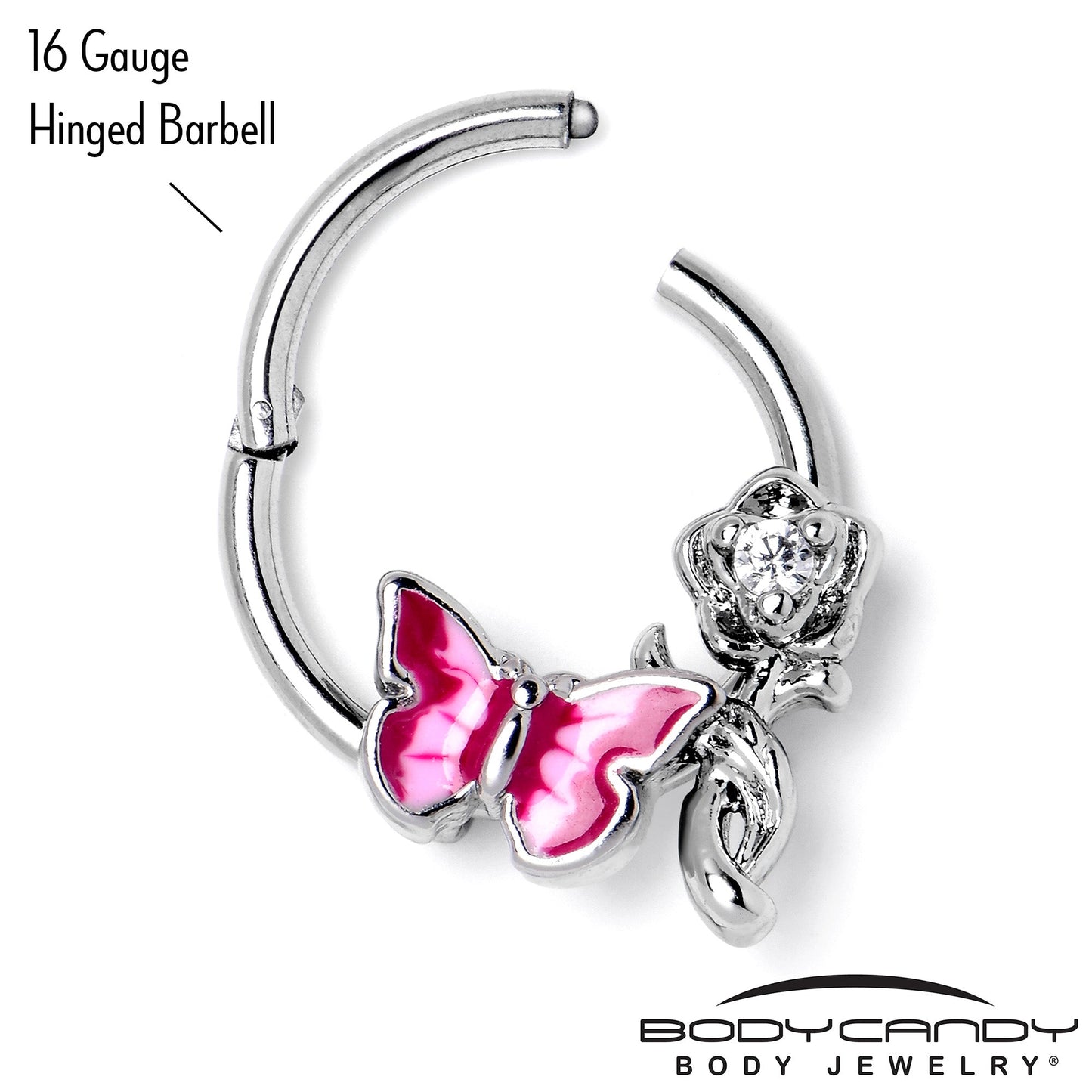 16G 3/8 Clear CZ Gem Butterfly Rose Flower Pink Hinged Segment Ring