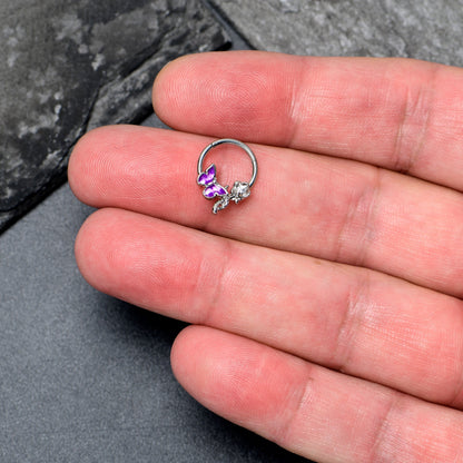 16G 3/8 Clear CZ Gem Butterfly Rose Purple Hinged Segment Ring