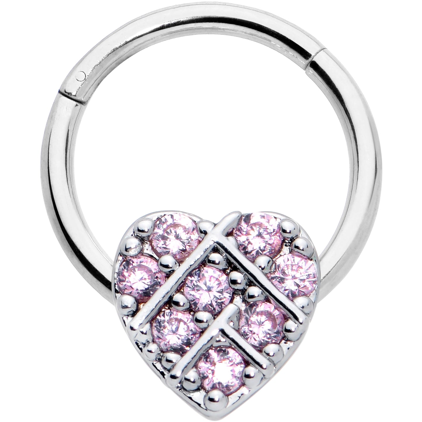 16G 3/8 Pink CZ Gem Lattice Heart Hinged Segment Ring