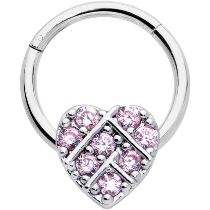 16G 3/8 Pink CZ Gem Lattice Heart Hinged Segment Ring
