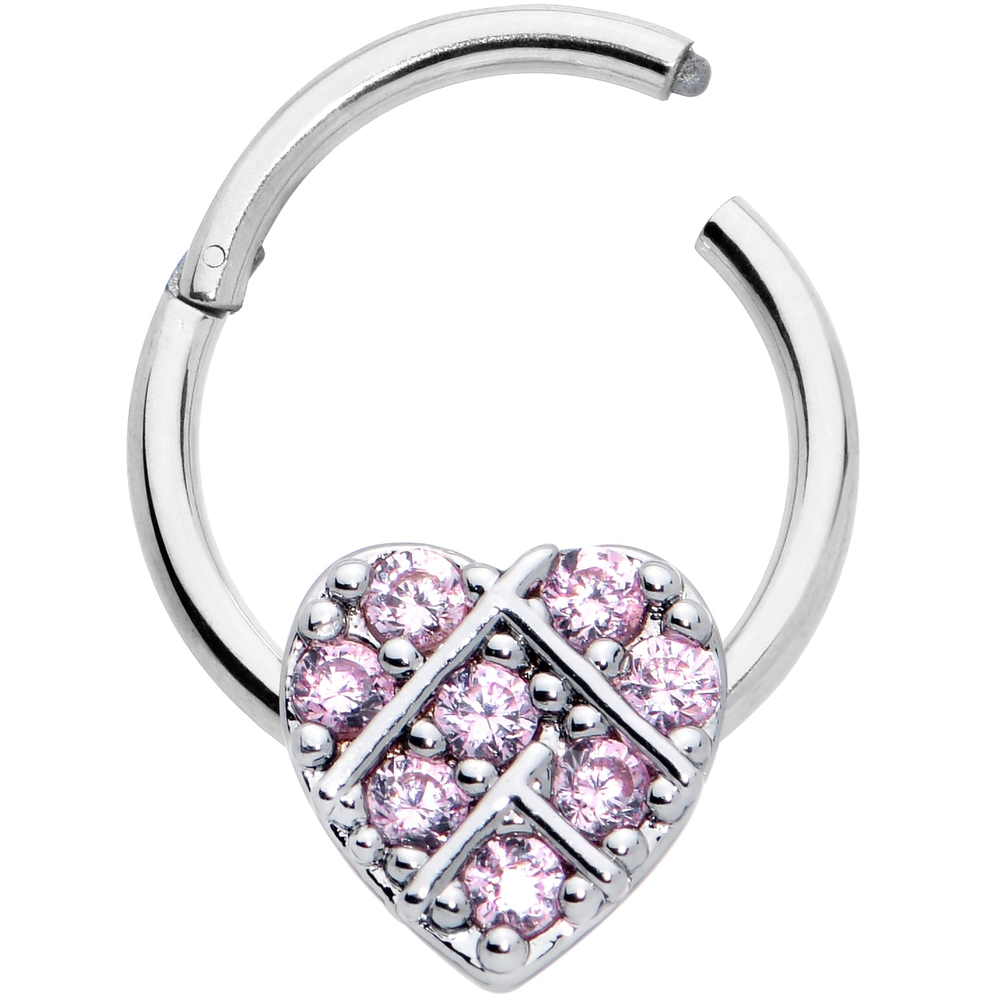 16G 3/8 Pink CZ Gem Lattice Heart Hinged Segment Ring