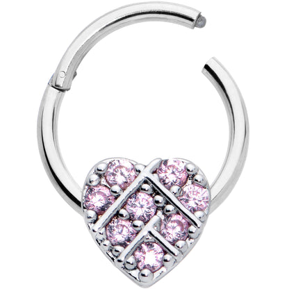 16G 3/8 Pink CZ Gem Lattice Heart Hinged Segment Ring