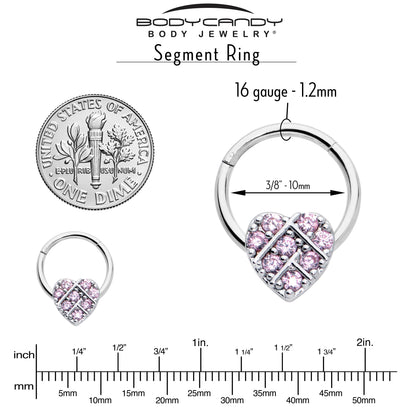 16G 3/8 Pink CZ Gem Lattice Heart Hinged Segment Ring
