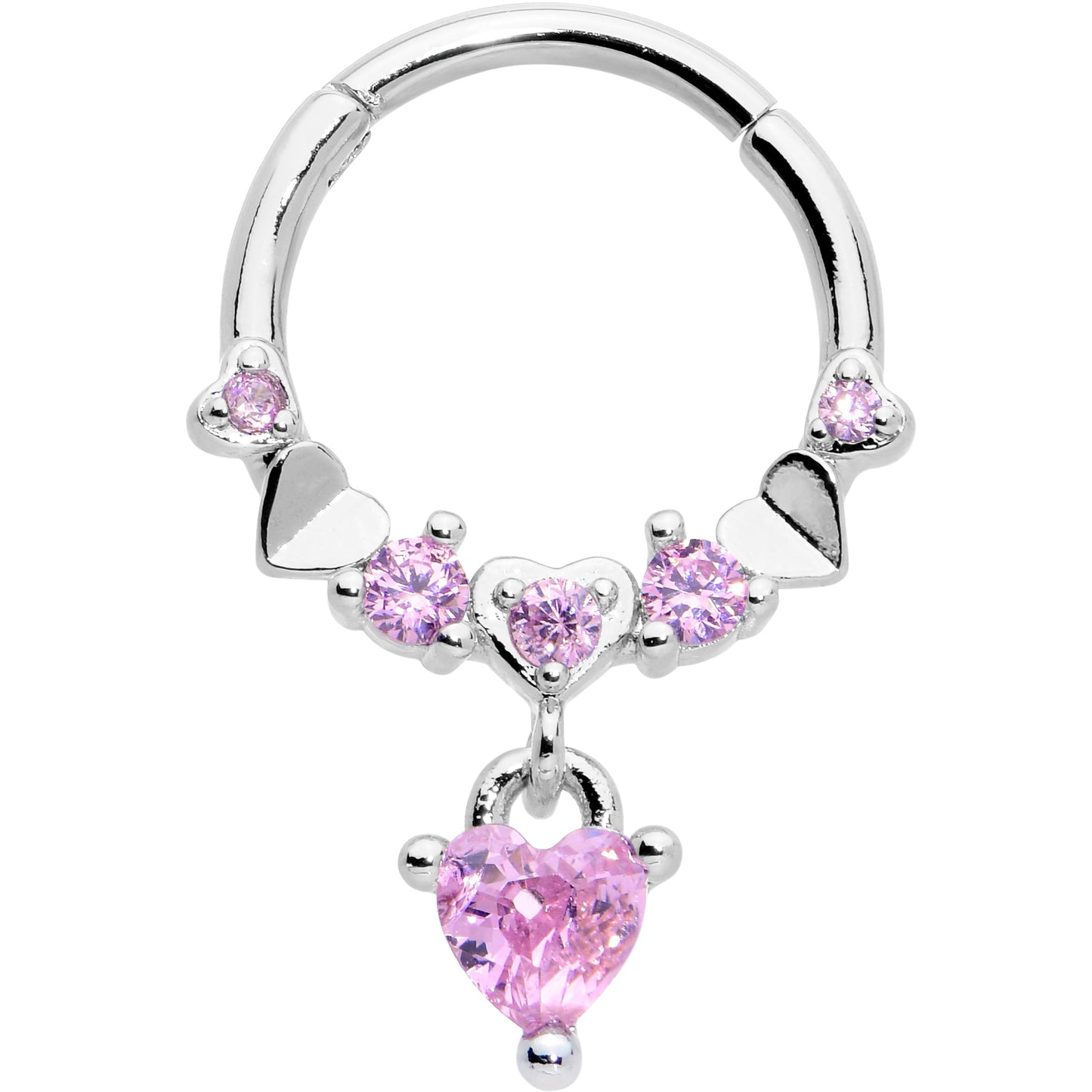 16G 3/8 Pink CZ Gem Love Heart Dangle Hinged Segment Ring