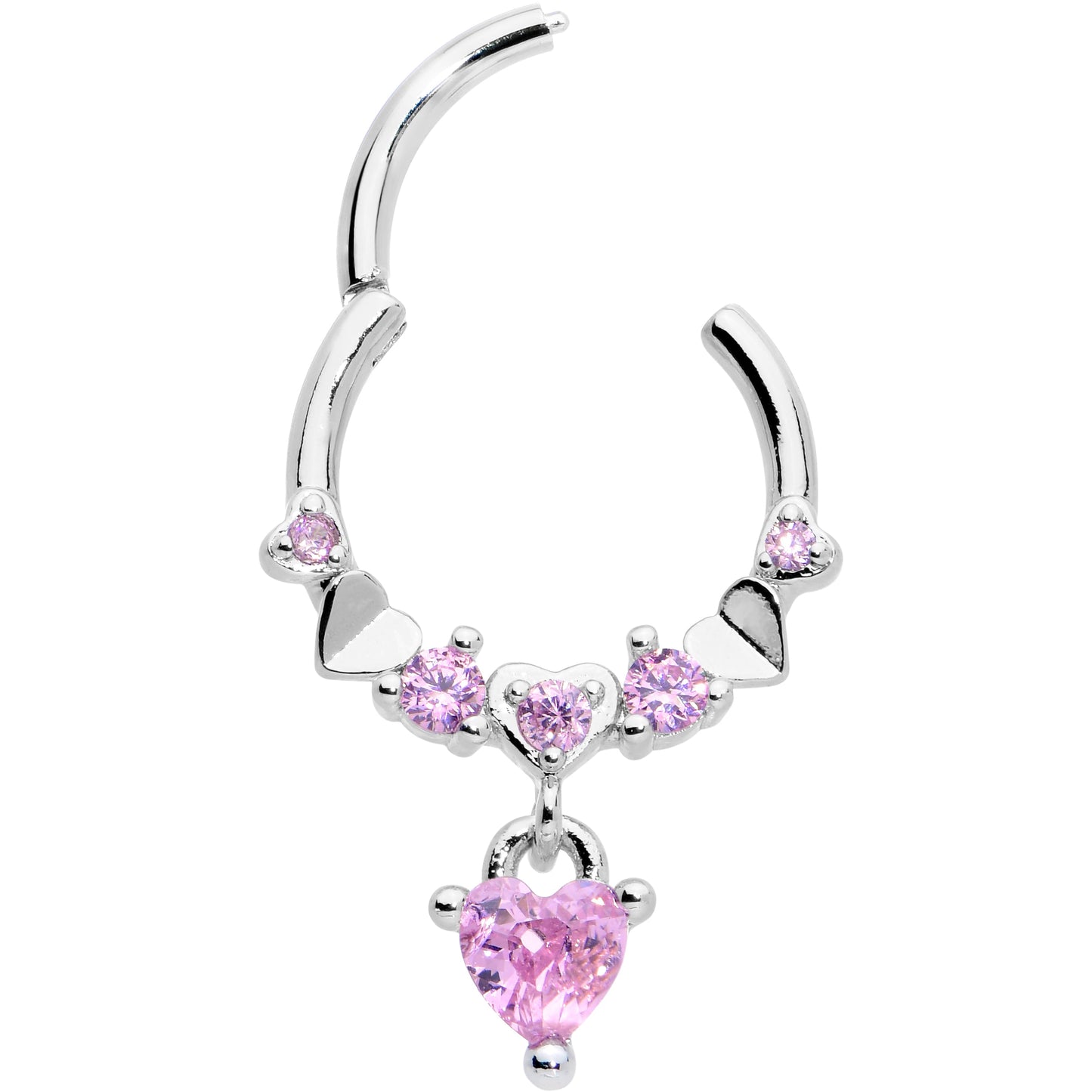 16G 3/8 Pink CZ Gem Love Heart Dangle Hinged Segment Ring