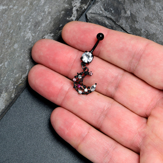 Clear Pink CZ Gem Black Flower Moon Dangle Belly Ring