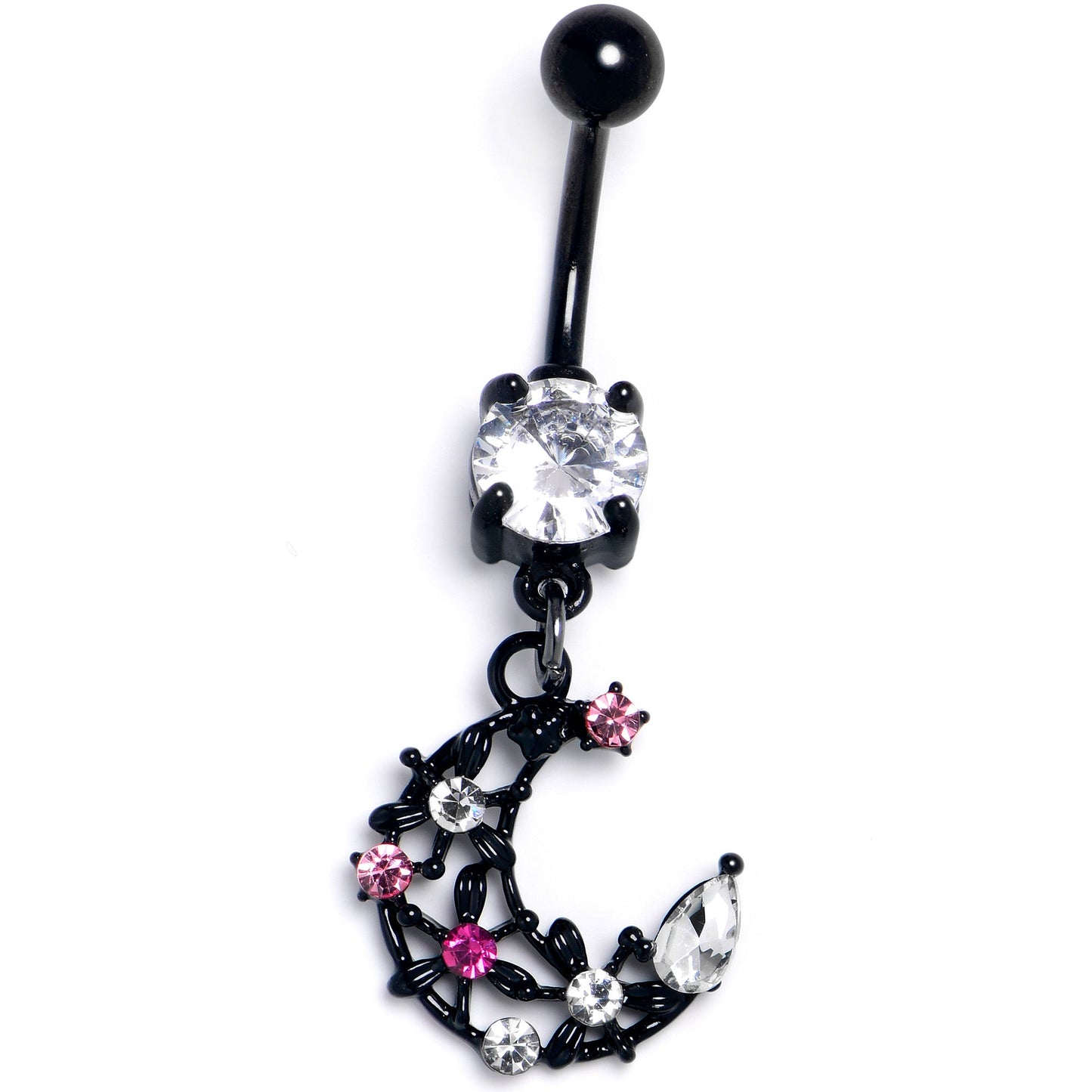 Clear Pink CZ Gem Black Flower Moon Dangle Belly Ring