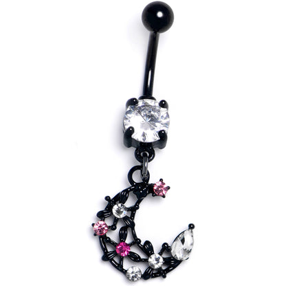 Clear Pink CZ Gem Black Flower Moon Dangle Belly Ring