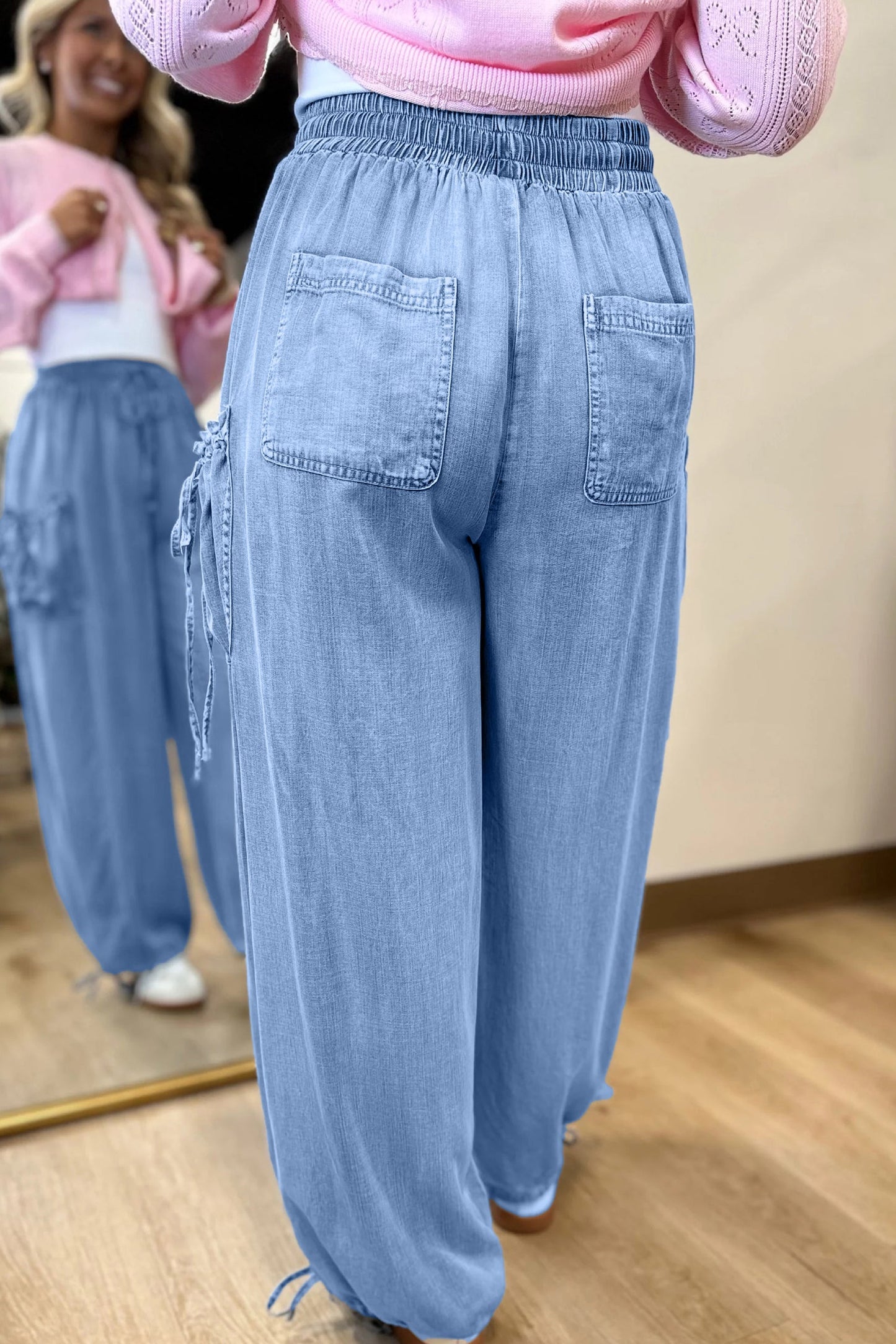 Drawstring Elastic-Waist Pocket Loose Denim Pants