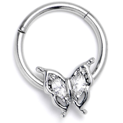 16G 3/8 Clear Gem Fancy Fab Butterfly Hinged Segment Ring