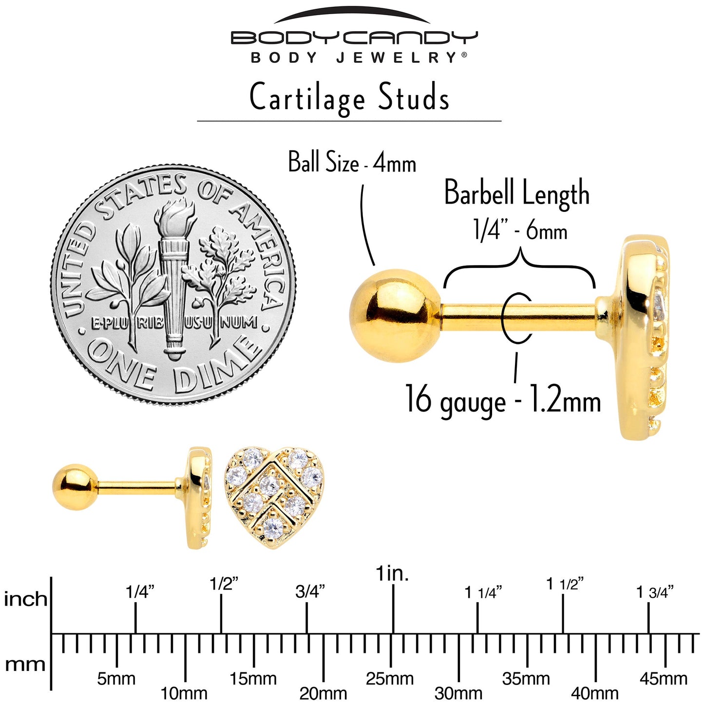 16G 1/4 Clear Gem Gold Tone Lattice Heart Cartilage Tragus Earring