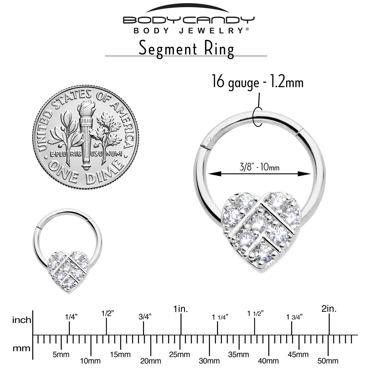 16G 3/8 Clear CZ Gem Lattice Heart Hinged Segment Ring
