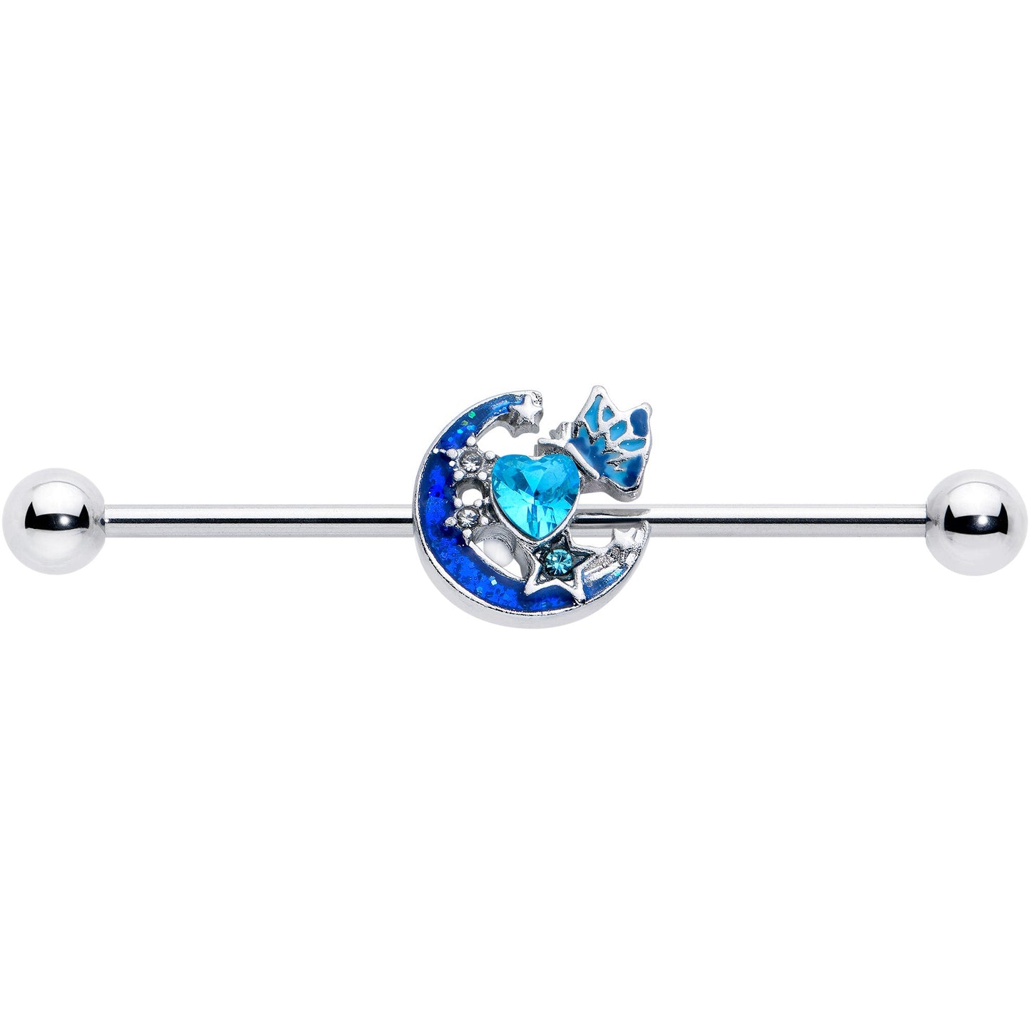 14G Blue CZ Gem Butterfly Love Heart Industrial Barbell 38mm