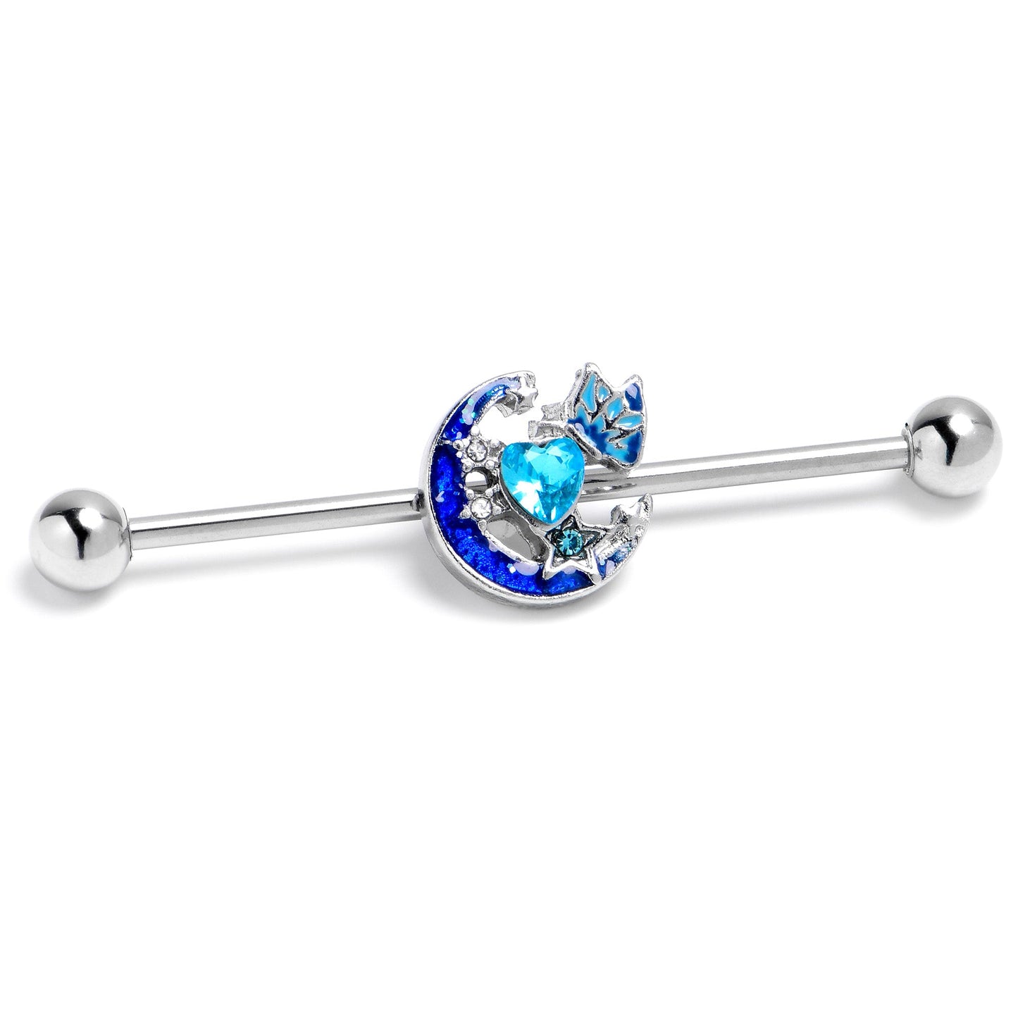 14G Blue CZ Gem Butterfly Love Heart Industrial Barbell 38mm