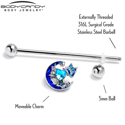 14G Blue CZ Gem Butterfly Love Heart Industrial Barbell 38mm