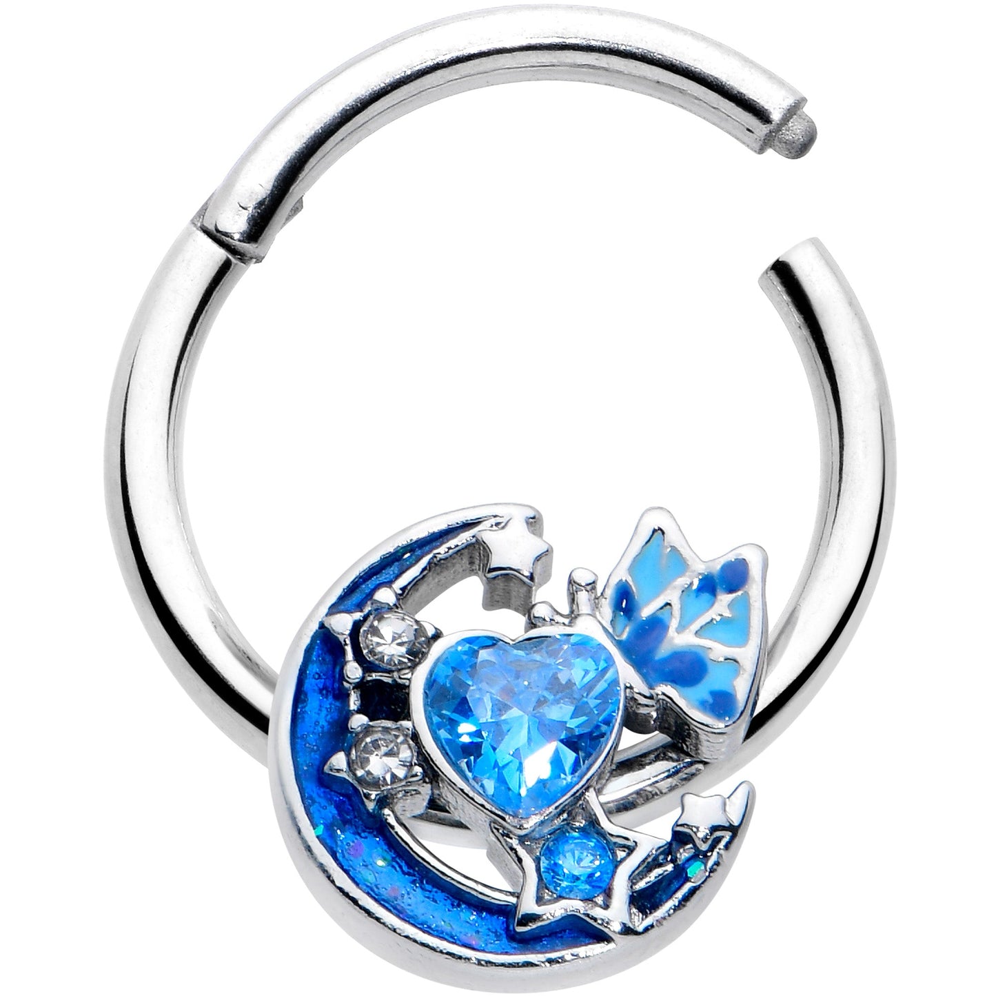 16G 3/8 Blue CZ Gem Butterfly Love Heart Hinged Segment Ring