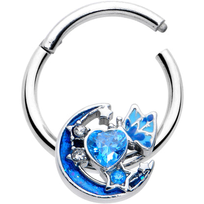 16G 3/8 Blue CZ Gem Butterfly Love Heart Hinged Segment Ring