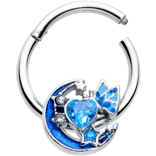 16G 3/8 Blue CZ Gem Butterfly Love Heart Hinged Segment Ring
