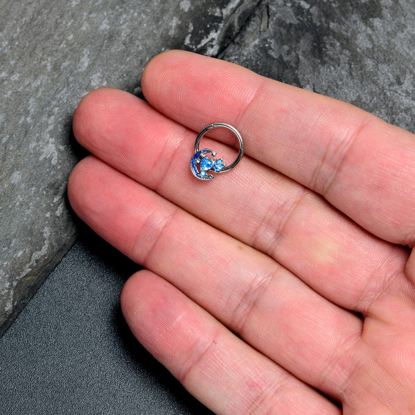 16G 3/8 Blue CZ Gem Butterfly Love Heart Hinged Segment Ring