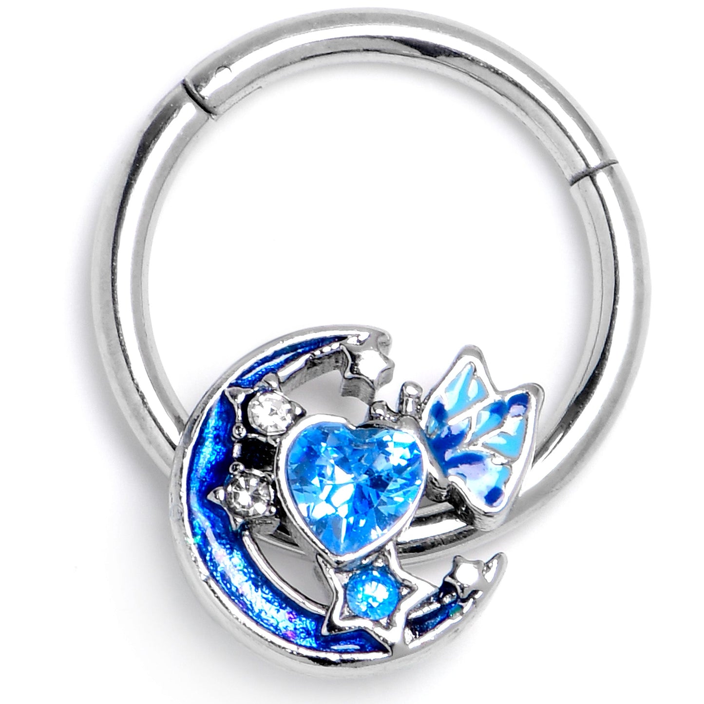 16G 3/8 Blue CZ Gem Butterfly Love Heart Hinged Segment Ring