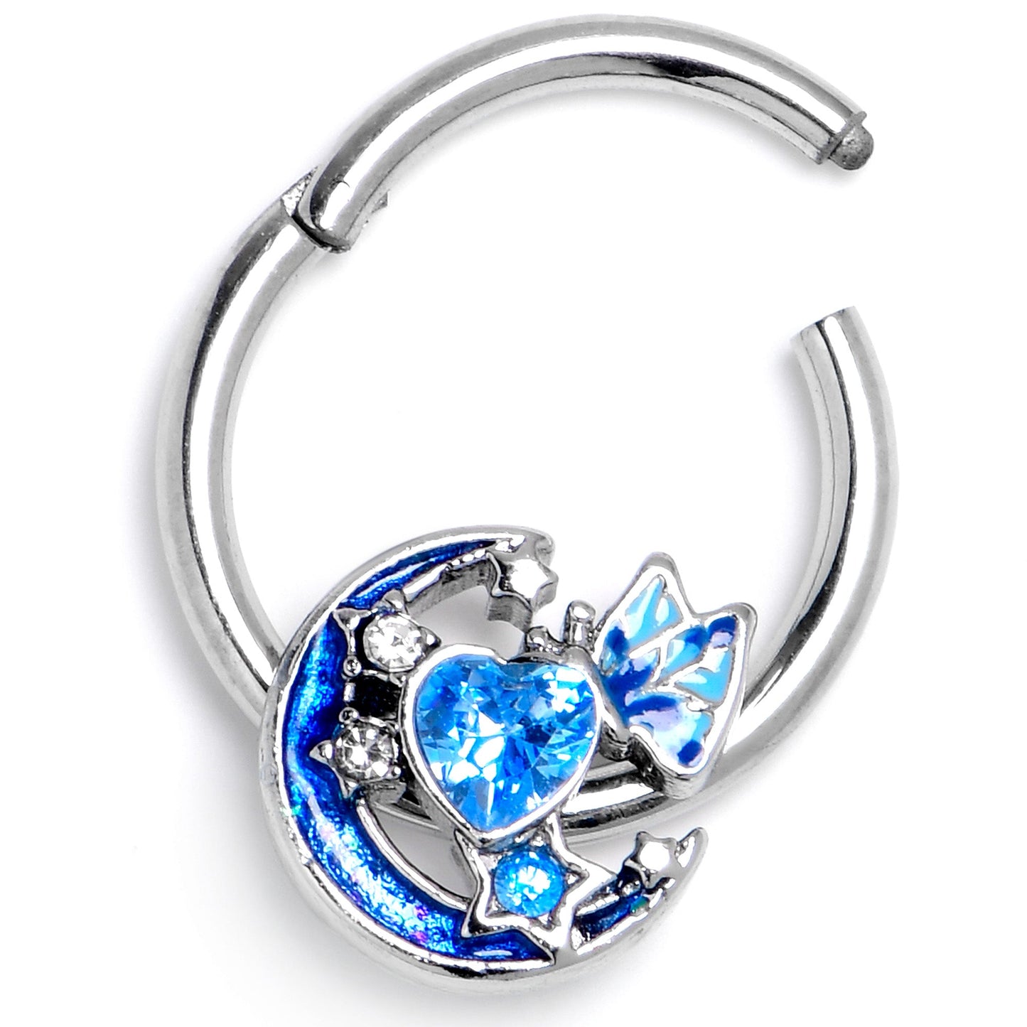 16G 3/8 Blue CZ Gem Butterfly Love Heart Hinged Segment Ring