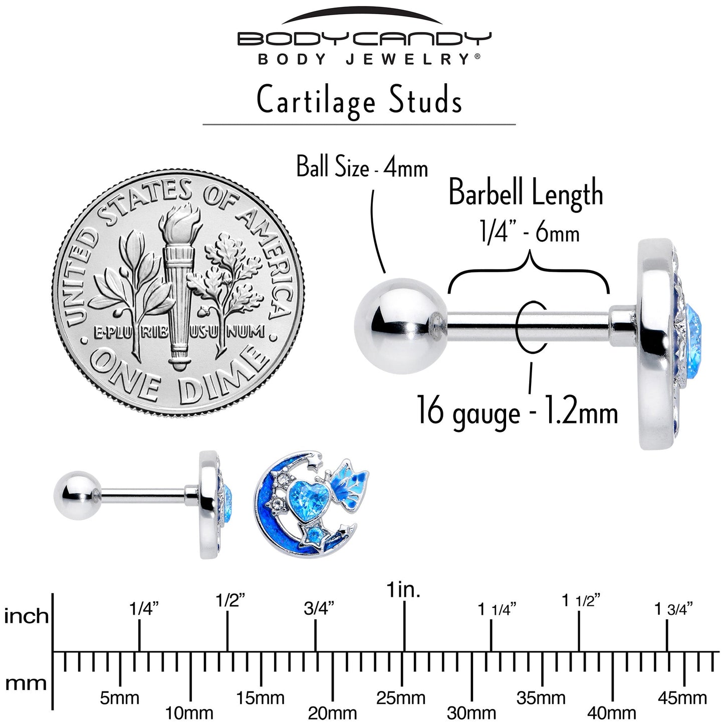 16G 1/4 Blue CZ Gem Butterfly Love Heart Cartilage Tragus Earring