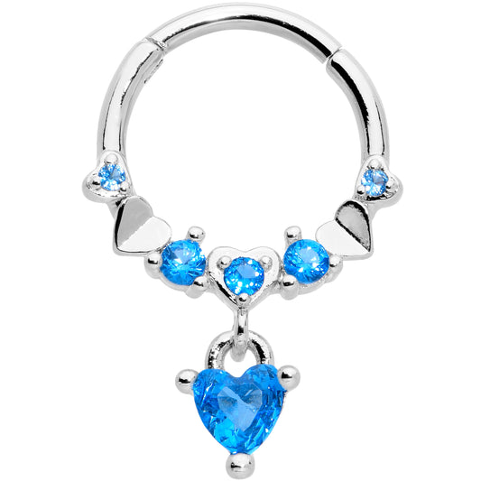 16G 3/8 Aqua CZ Gem Love Heart Dangle Hinged Segment Ring