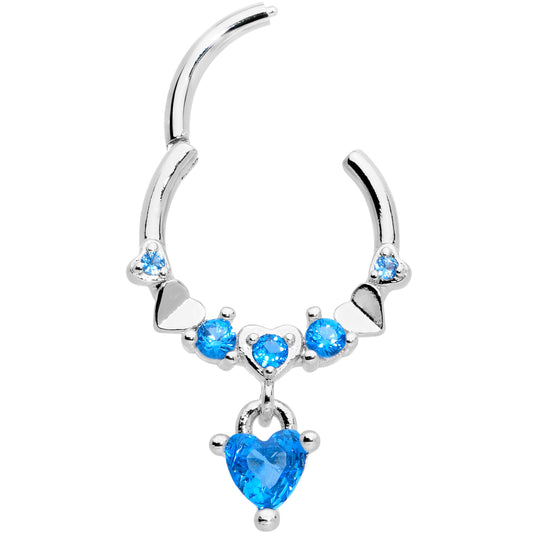 16G 3/8 Aqua CZ Gem Love Heart Dangle Hinged Segment Ring