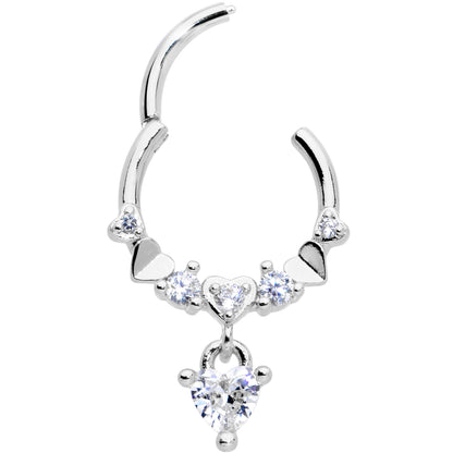 16G 3/8 Clear CZ Gem Love Heart Dangle Hinged Segment Ring