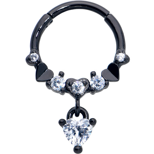 16G 3/8 Clear CZ Gem Black Love Heart Dangle Hinged Segment Ring