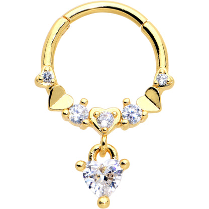16G 3/8 Clear CZ Gem Gold Tone Love Heart Dangle Hinged Segment Ring