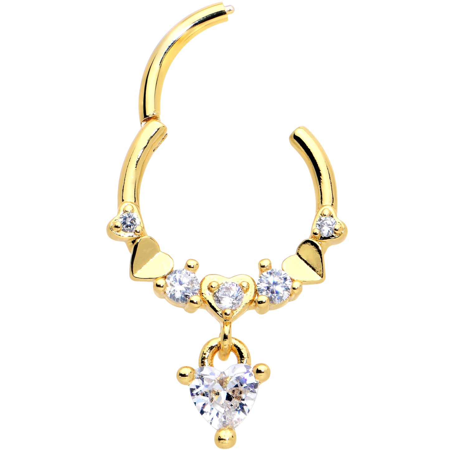 16G 3/8 Clear CZ Gem Gold Tone Love Heart Dangle Hinged Segment Ring