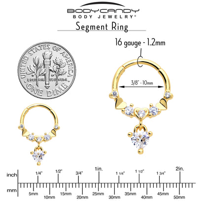 16G 3/8 Clear CZ Gem Gold Tone Love Heart Dangle Hinged Segment Ring