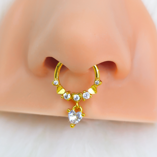 16G 3/8 Clear CZ Gem Gold Tone Love Heart Dangle Hinged Segment Ring