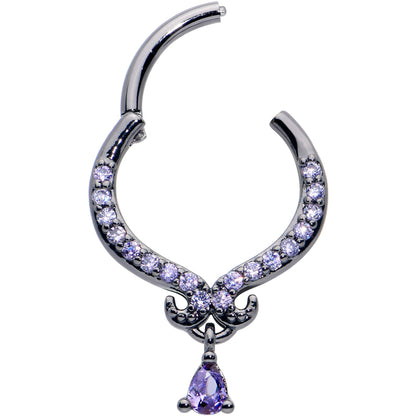 16G 3/8 Purple CZ Gem Black Elegant Curves Dangle Hinged Segment Ring