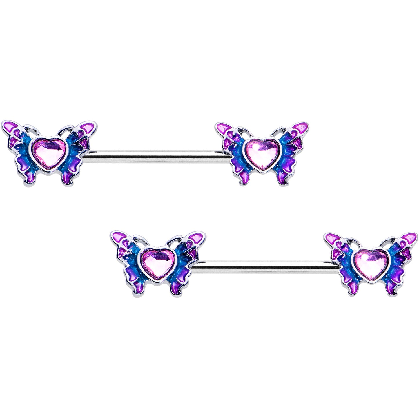 14G 9/16 Pink Gem Heart Butterfly Purple Barbell Nipple Ring Set