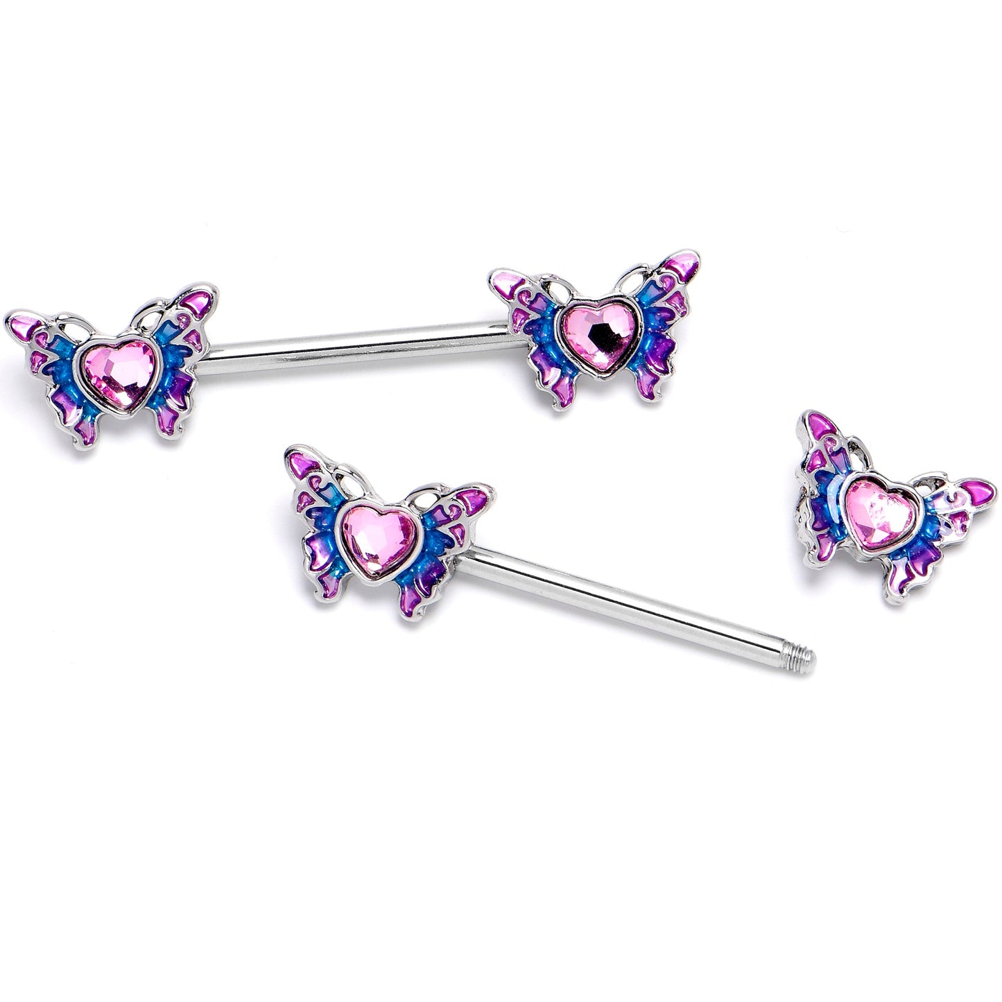 14G 9/16 Pink Gem Heart Butterfly Purple Barbell Nipple Ring Set
