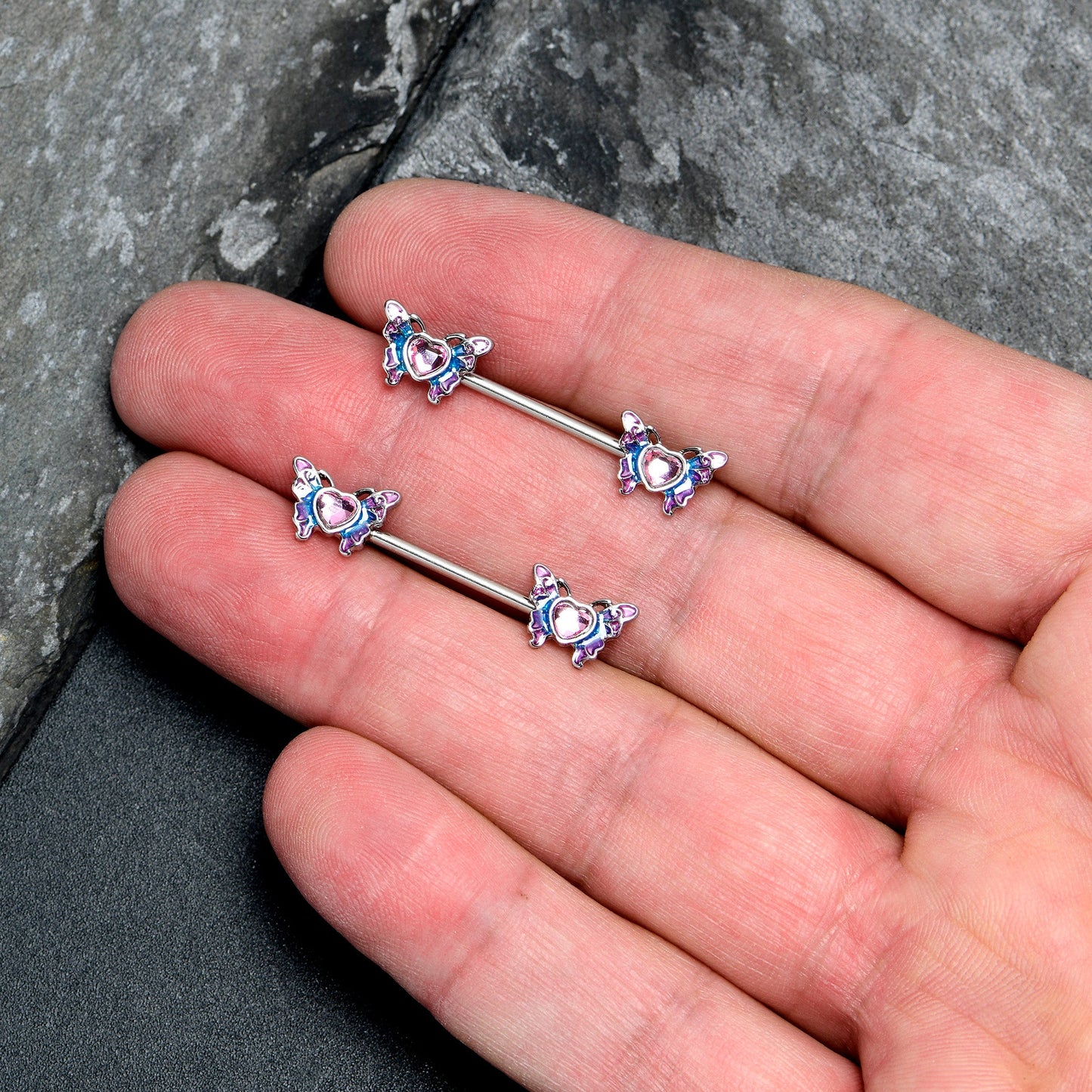 14G 9/16 Pink Gem Heart Butterfly Purple Barbell Nipple Ring Set