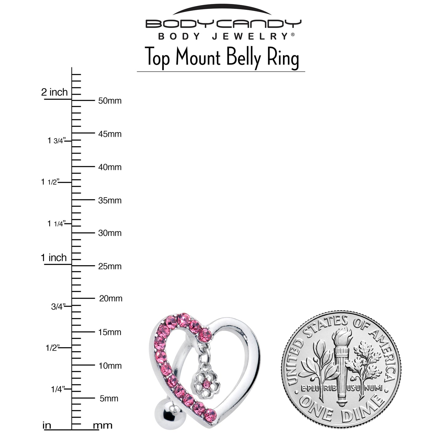 Pink CZ Gem Asymmetrical Heart Flower Dangle Top Mount Belly Ring