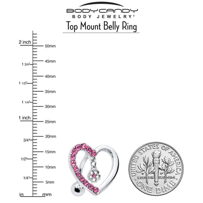Pink CZ Gem Asymmetrical Heart Flower Dangle Top Mount Belly Ring