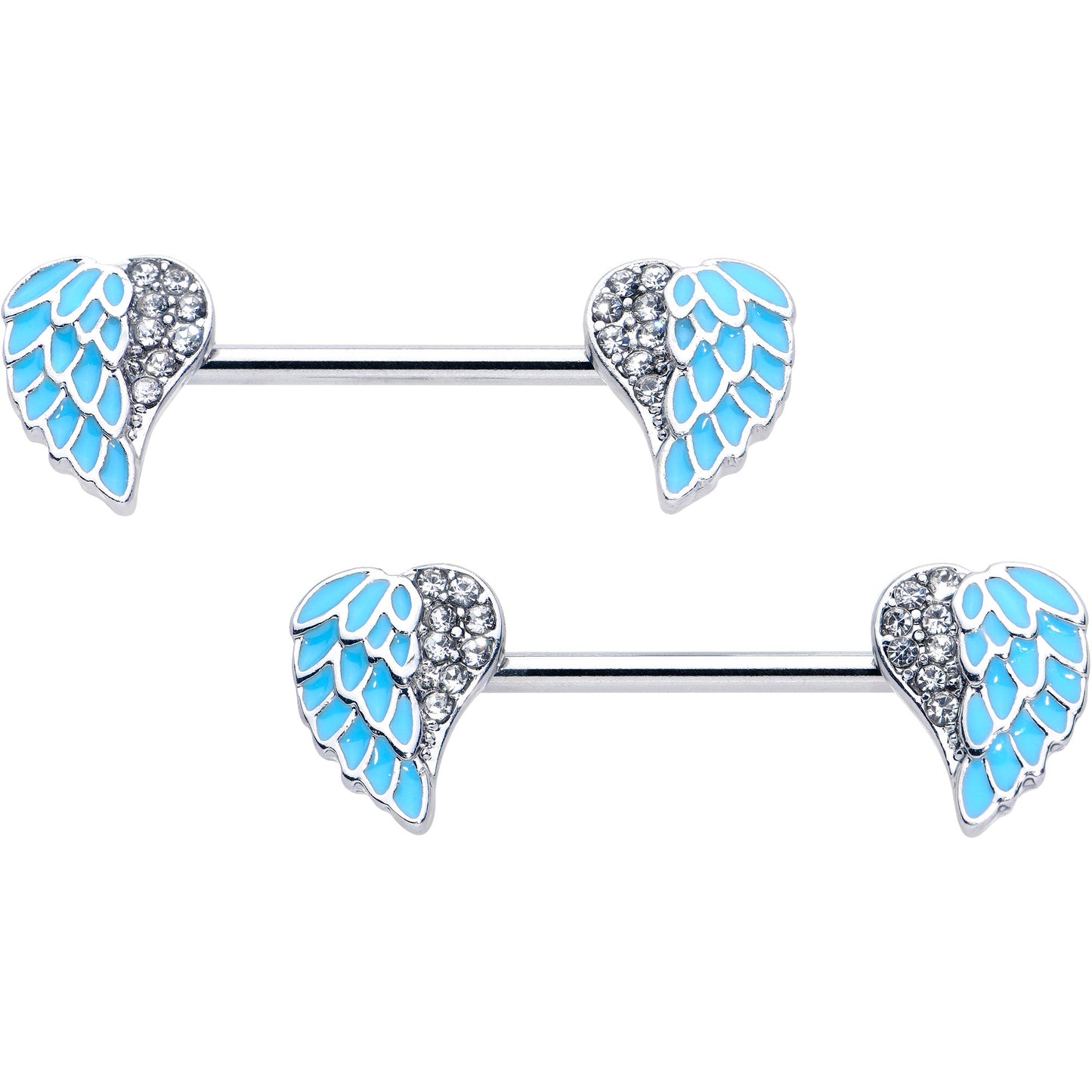 14G 9/16 Blue Heavenly Heart Angel Wings Barbell Nipple Ring Set