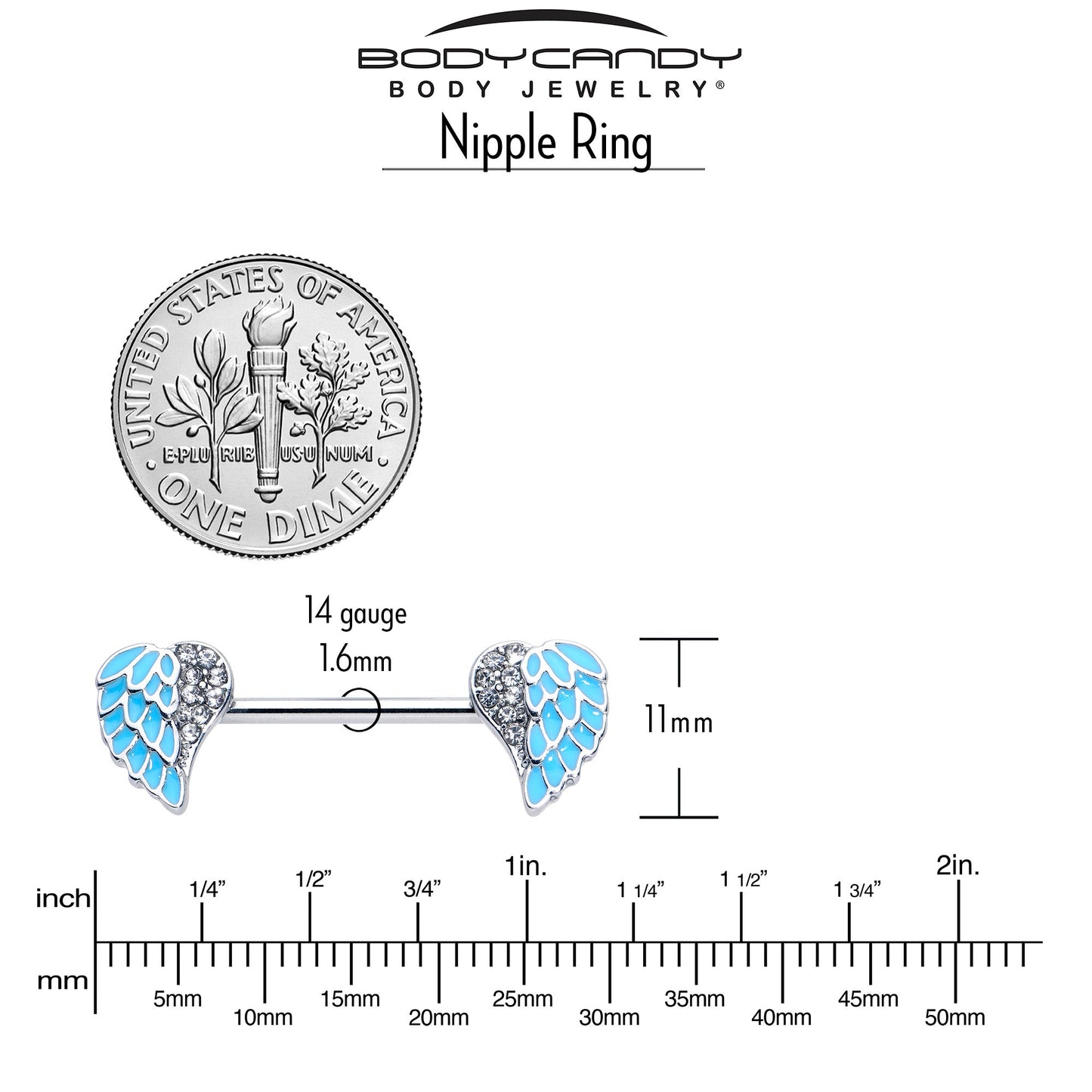 14G 9/16 Blue Heavenly Heart Angel Wings Barbell Nipple Ring Set