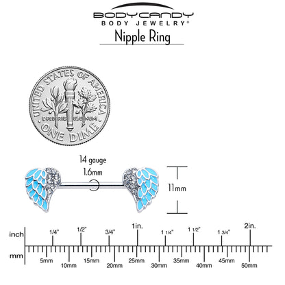 14G 9/16 Blue Heavenly Heart Angel Wings Barbell Nipple Ring Set