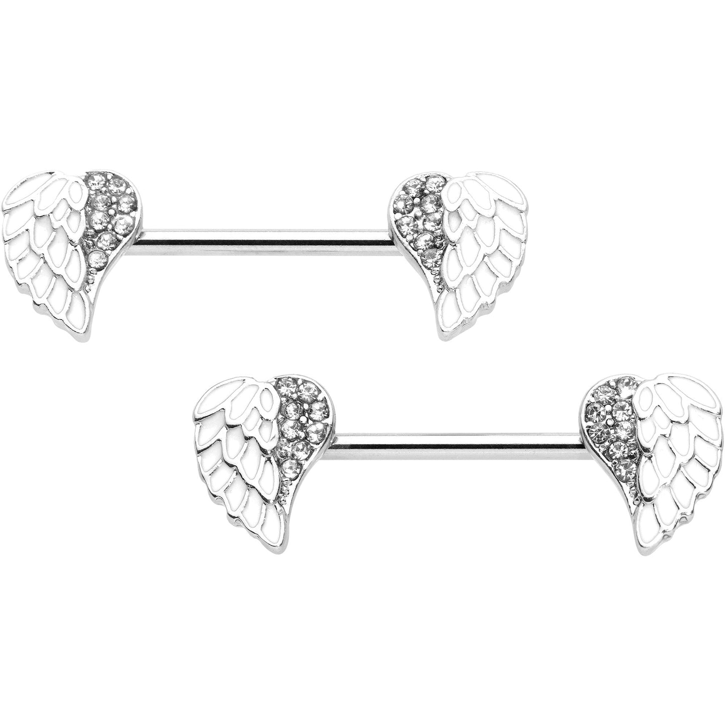 14G 9/16 White Heavenly Heart Angel Wings Barbell Nipple Ring Set