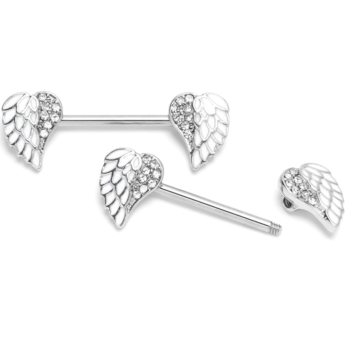 14G 9/16 White Heavenly Heart Angel Wings Barbell Nipple Ring Set