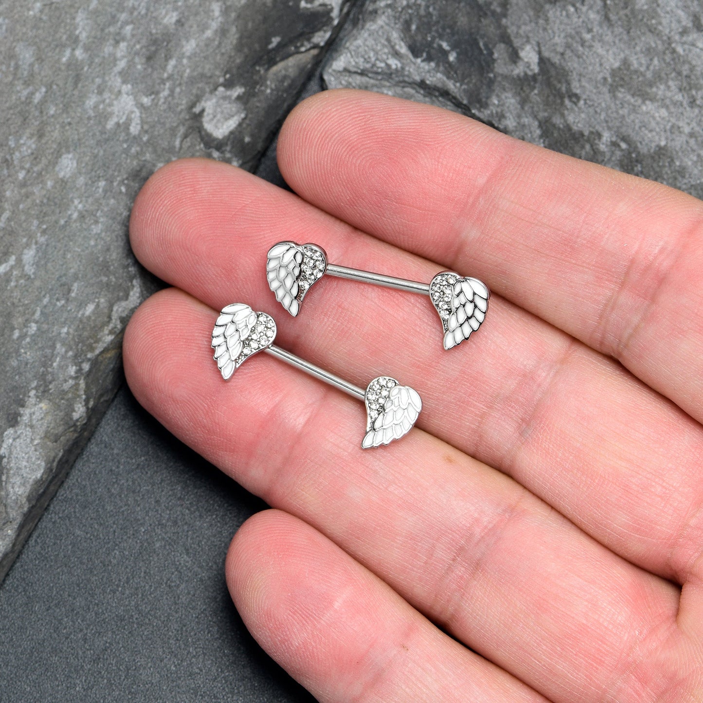14G 9/16 White Heavenly Heart Angel Wings Barbell Nipple Ring Set