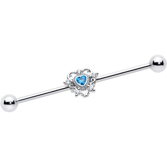 14G Blue Clear CZ Gem Heart Pair Industrial Barbell 38mm