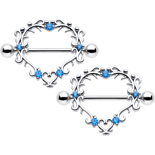 14G 9/16 Blue CZ Gem Leafy Heart Nipple Shield Set